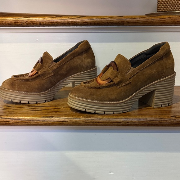 Stylish Tan Suede Loafers with Chunky Heel - Picture 3 of 11